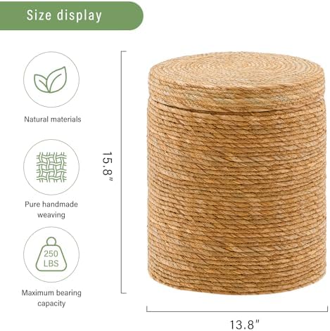 14" Natural Grass Round Storage Pouf Ottoman Handwoven Pouffe Rattan Stool