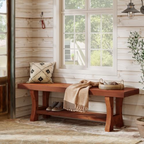 Solid Wood Entryway Bench, 55" End of Bed Bench, Long Indoor Dining Seat for Hallway, Bedroom, Living Room, Dining Room, Easy Assembly, Red Brown