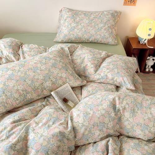 Cute 100 Cotton Duvet Cover Set 3 Pcs(1 King Size Duvet Cover with 2 Pillowcases),Green Floral Bedding Set with Zipper,Soft Lightweight Breathable Gauze Comforter Covers 104"×90"