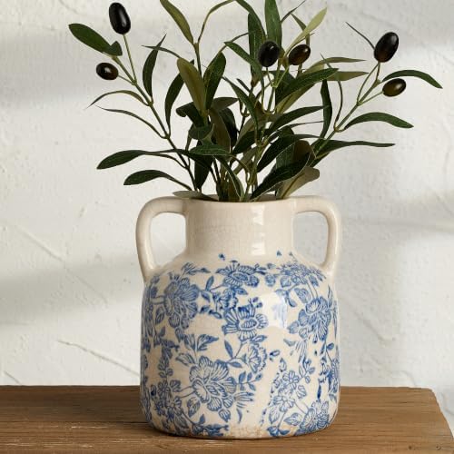 Ceramic Vase with Handles, Vintage Utensil Holder, Flower Decorative Vase Chinoiserie Decor Rustic Farmhouse Retro Floral Vases for Table Bookshelf Mantel Kitchen Living Room Office - 6.7” Blue 017