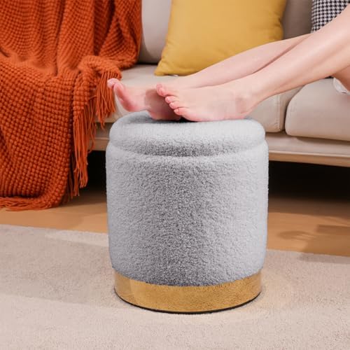 YYW HOME Round Ottoman with Storage Set of 2 Gray Sherpa Vanity Stool