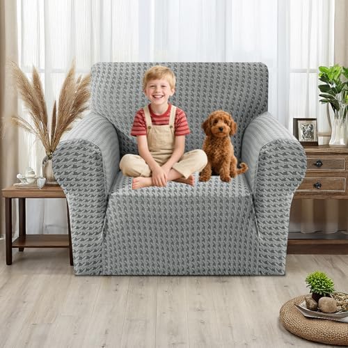 MAXIJIN Stretch Sofa Chair Slipcovers with Arms (31"-46 Washable Chair Cover Armchair with Non-Slip Foam & Elastic Bottom, Dog Cat Pet Friendly Furniture Protector (Small, Light Gray)