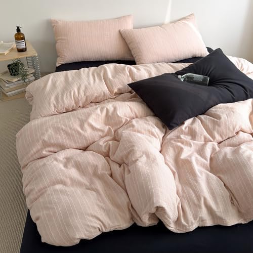 Vintage Pink Striped Twin Duvet Cover 3Pcs Cottagecore Textured Bedding Set