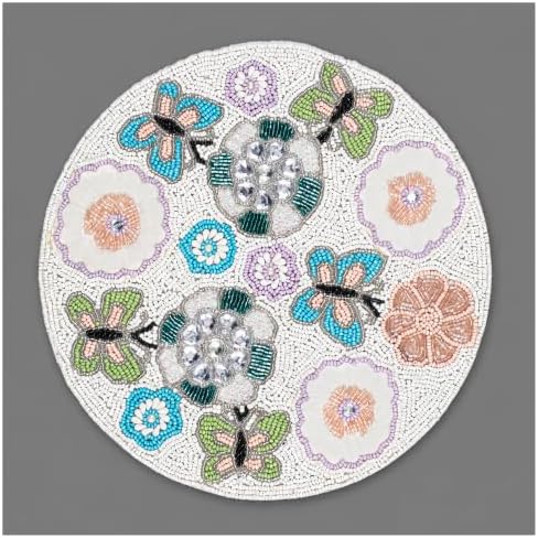 Beaded Round Placemats Set of 1, 13 Inch Butterfly Floral Ivory Multi