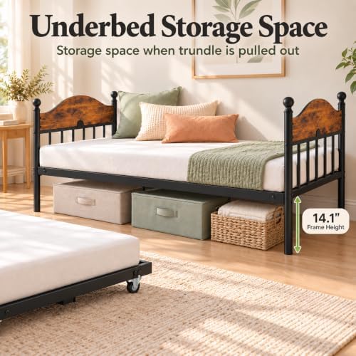 Daybed with Trundle, Metal Twin Size Day Bed with Stylish Headboard, Sofa BedFrame with Pop Up Foldable Trundle Bed, Heavy Duty Steel Slats Platform for Living Room, Bedroom and Guest Room, Brown