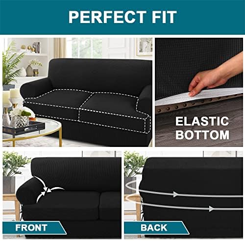 Turquoize 3 Piece T Cushion Loveseat Slipcovers Sofa Cover for 2 Cushion Couch Cover Washable Sofa Slipcover Furniture Covers with 2 Individual T Cushion Seat Covers (2 Cushion Loveseat, Black)