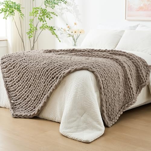 Bigacogo Chunky Knit Throw Blanket for Couch, 51x63 inches, Taupe