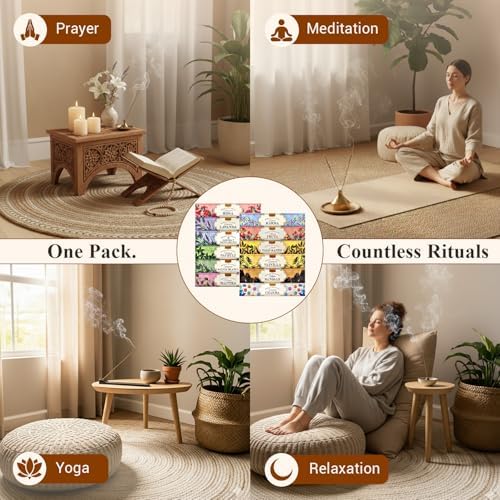 Tulasi Natural Incense Sticks Assorted/Variety Pack – 180 Hand-Rolled Sticks, 12 Fragrances | Lavender, White Sage, Sandalwood, Palo Santo, Rose | Aromatherapy & Meditation