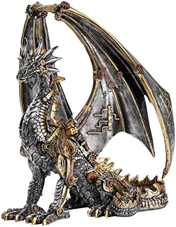 12'' H Steampunk Dragon Statue Mechanical Gear Sitting Sculpture