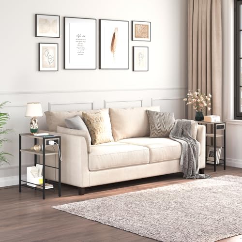 HOOBRO Small Narrow Side Table with Charging Station Set of 2, Skinny End Table for Small Spaces, Slim Nightstand with USB Ports Outlet, Sofa Beside Table with Storage Shelf BG102UBZP201