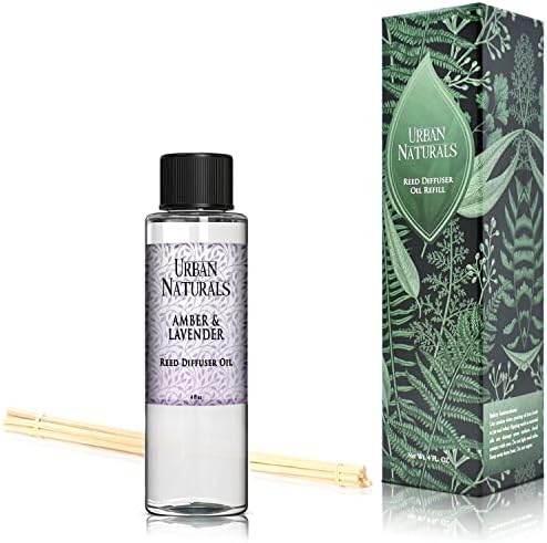 Urban Naturals Reed Diffuser Oil Refill Amber & Lavender, Soothing Lavender, Warm Amber, Calming Room Scent, 4 oz + Free Reed Sticks, Made in the USA