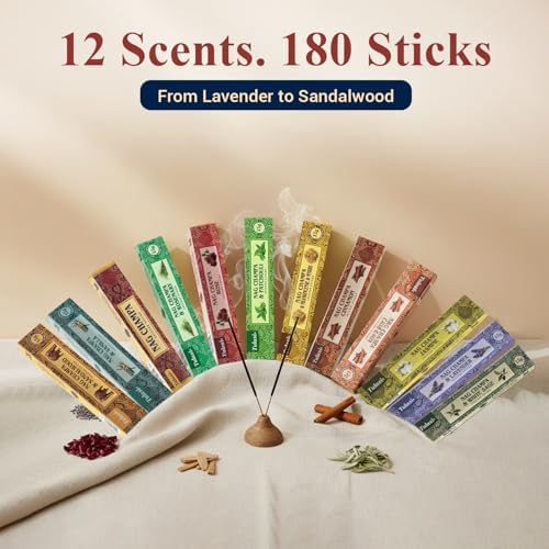 Tulasi Nag Champa Incense Sticks Assorted/Variety Pack – 180 Hand Rolled Sticks, 12 Natural Scents | Sandalwood, Lavender, Vanilla, White Sage | Meditation & Yoga Aromatherapy