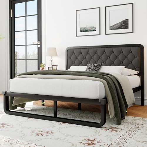 Einhomn Queen Size Bed Frame with Linen Tufted Headboard, Heavy Duty Metal Platform Bed Frame with U-Shaped Foundation, 12" Underbed Space, Noise Free, No Box Spring Needed, Easy Assembly, Dark Grey