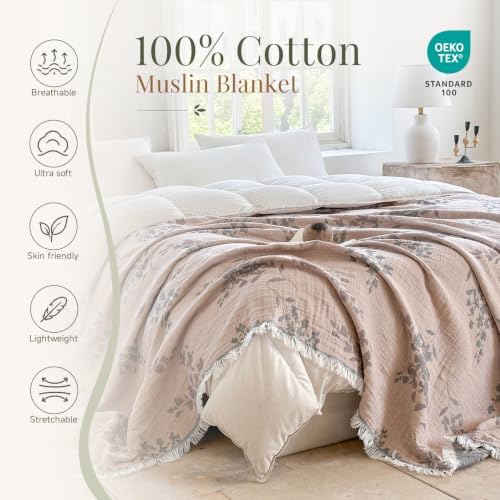 Simple&Opulence Cotton Muslin Blanket Queen 90"x90", Reversible Yarn-Dyed Vintage Brick Beige Botanical Jacquard, 3-Layer Gauze with Tassels, Lightweight Breathable All-Season Bedspread for Bed Couch