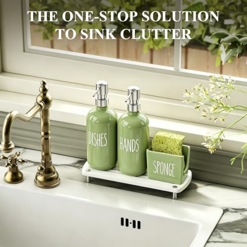 Cisily Olive Green Kitchen Soap Dispenser Set with Ceramics Sponge Holder