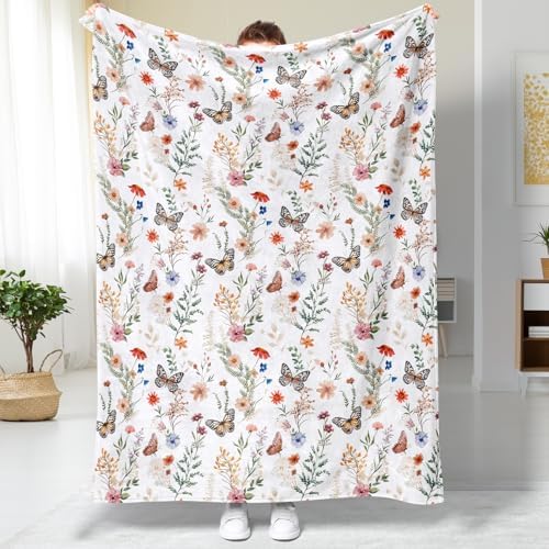Floral Blanket Butterfly Wildflower Throw Blankets Colorful Flowers Botanical Plant Leaf Blanket Soft Cozy Flannel Fleece Bed Blankets for Couch Sofa Bed Lounging