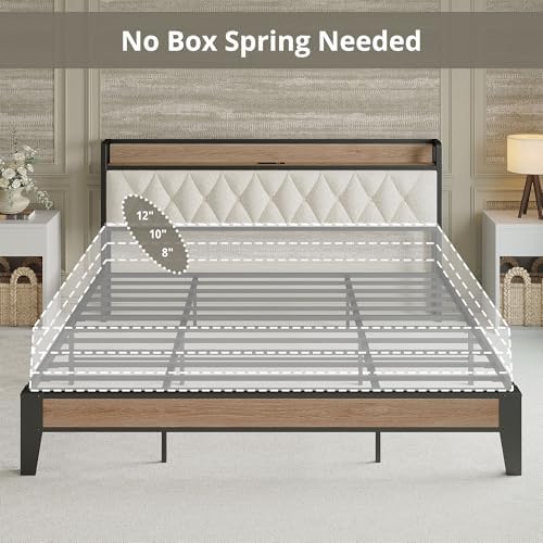 ANCTOR King Size Bed Frame with Headboard & Charging Station,Wood and Cream