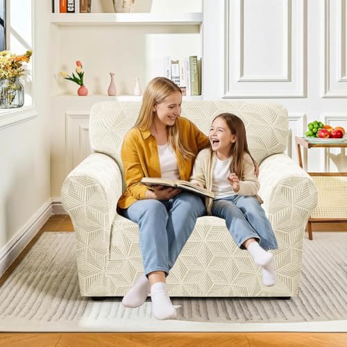 YEMYHOM 1 Piece Stretch Chair Sofa Slipcovers Couch Covers for 1 Seat, Jacquard Armchair Covers with Non-Slip Elastic Bottom, Thickened Furniture Protector for Dogs Pets kids (Small, Beige）