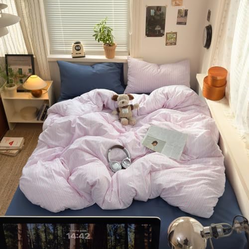 mixinni Pink White Striped Duvet Cover Twin Size, 3-Piece Washed Microfiber Vintage Striped Bedding Set, Soft Aesthetic Stripe Pattern Duvet Cover with Zipper Closure & Corner Ties for Women Girls