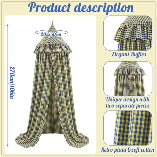 SmoothNovelty Gingham Plaid Bed Canopy, Yellow Blue, Round