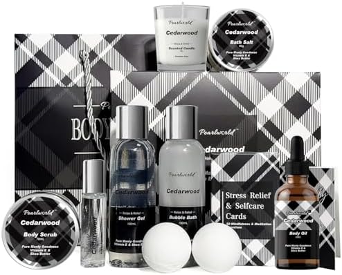 12Pcs Men's Spa Gift Set - Cedarwood Bath & Body Care Kit, Home Spa Set with Natural, Perfect Gifts for Men - Father's Day, Birthday, Valentine's & Christmas