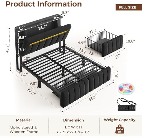 Jocoevol Full Size Bed Frame with Storage Headboard,Upholstered Black Bed Frame Full with Storage Drawers and Charging Station,Velvet Platform Metal Bed, Noise-Free, No Box Spring Needed