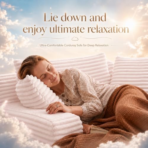 66" Chaise Lounge Chair Indoor, Corduroy Upholstered Reading Chair Oversized Boneless Chair with Deep Seat, Cloud Lounge Chair with 3 Pillows for Living Room, Bedroom, No Assembly Required