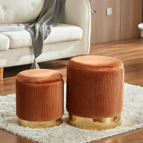 Round Ottoman with Storage, Orange Velvet, Set of 2 Vanity Stool