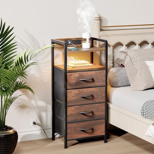 Lazzanto Nightstand with Rear Charging Station, LED Light, 4 Drawers, Brown