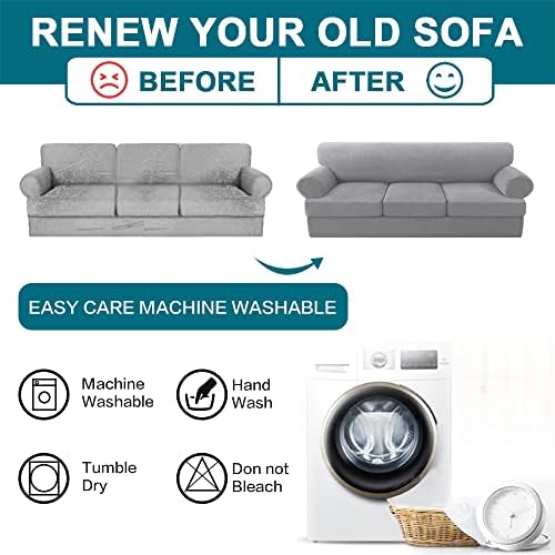 Turquoize 4 Piece T Cushion Sofa Slipcovers Stretch Couch Cover Furniture Covers with 3 Individual T Cushion Covers, Machine Washable (3 Cushion Sofa, Dove)
