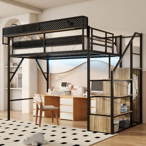 Full Size Metal Loft Bed with Storage Stairs, Wardrobe & Charging Station