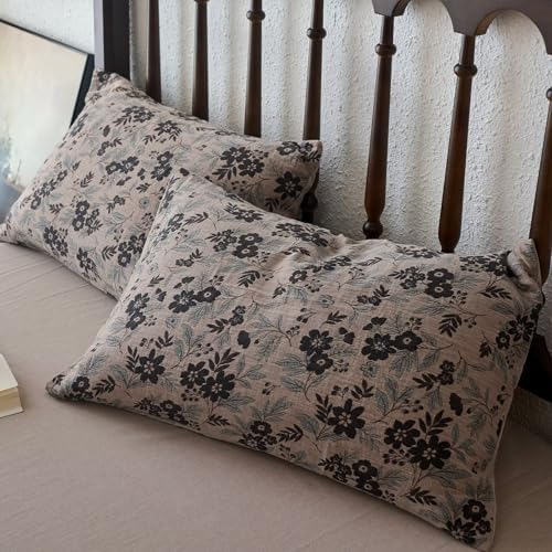 BuLuTu Vintage Muslin Duvet Cover Set Full, 100% Cotton Linen Like Comforter Cover Boho Floral Quilt Cover with 2 Pillowcases, 80"x90", Soft Breathable Bedding Set, Zipper & Corner Ties