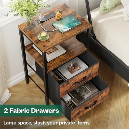 Huuger Nightstand with Charging Station, Side Table with Fabric Drawers