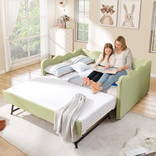Full Size Daybed with Pop Up Trundle, Linen Gingham Full to King Daybed with USB Ports, Upholstered Day Bed Frame, Modern Sofa Bed for Living Room/Bedroom/Guest Room, No Box Spring Needed, Green