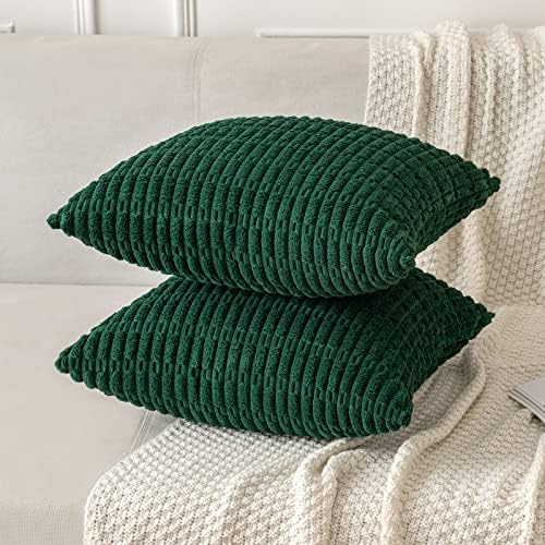 MIULEE Corduroy Decorative Throw Pillow Covers 12x12 Dark Green Pack of 2