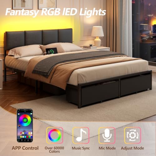 Furnulem Black Queen Bed Frame with PU Upholstered Headboard and LED Lights
