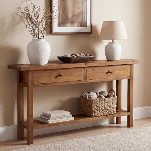 Solid Wood Entryway Table, Console Table with 2 Drawers and Storage Shelf, Narrow Farmhouse Sofa Console Behind the Couch for Hallway, Living Room, Foyer