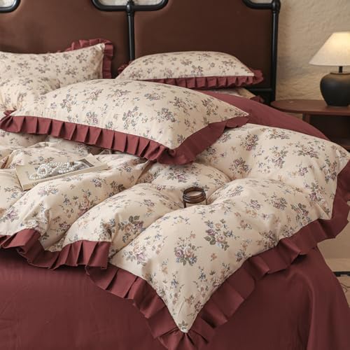 Girls Flower Duvet Cover Set 100% Cotton Twin(68"x86"),Ruffled Wine Red