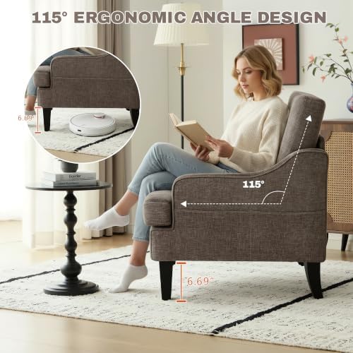 Accent Chair for Living Room,Mid-Century Arm Chair Chenille Fabric Living Room Chairs,Upholstered Reading Chair for Bedroom,Single Sofa Chair with Wood Legs for Apartment (Brown)