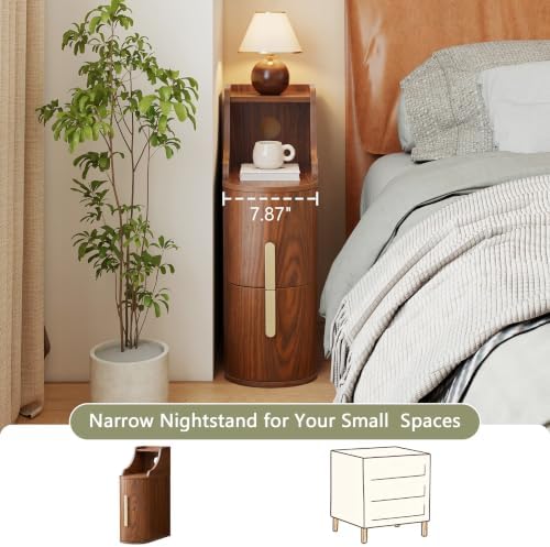 7.87" Narrow Nightstand Set of 2, Small Bedside Table with 2 Drawers, Walnut Skinny Side Table, Modern Nightstand with 1 Semi-Open Shelf, Floating End Table for Living Room, Bedroom