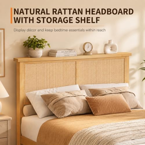 Jojoka Farmhouse Rattan Bed Frame with Natural Headboard & RGB LED Lights - Sturdy Wood Platform, Silent Slats, Generous Underbed Storage, No Box Spring Needed, Bedroom Furniture (New Structure)