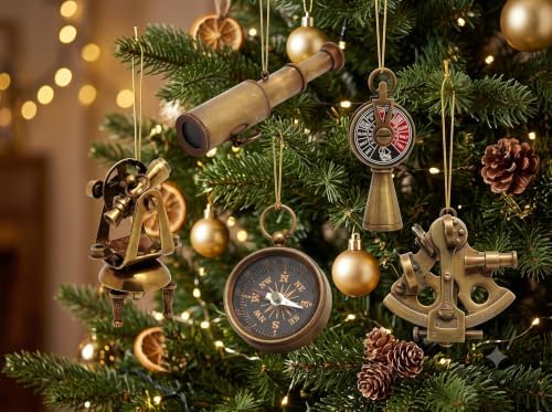 Set of 5 Nautical Miniature Christmas Tree Ornaments – Vintage Telescope, Compass, Sextant, Theodolite & Telegraph Replicas – Steampunk Maritime Decor & Collectible Gift Set