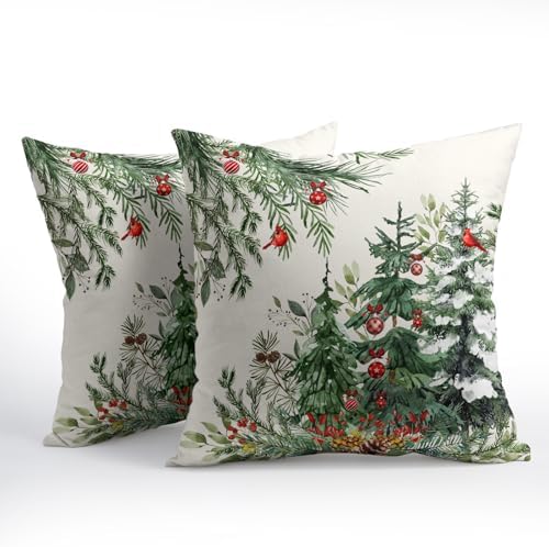 Green Christmas Tree Throw Pillow Covers 20x20 Inch Set of 2 Winter Pine Trees Red Berry Bells Birds Decorative Pillowcase Xmas Holiday Cotton Linen Cushion Cover for Home Sofa Couch Patio