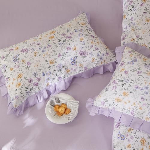 LifeTB Purple Flower Duvet Cover Set Twin XL, Soft 100% Cotton Romantic Ruffle Lace Bedding Set, Vintage Aesthetic Floral Comforter Cover, Cottagecore Flower Botanical Duvet Cover with Zipper Closure