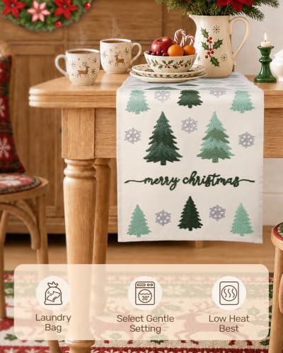 Miss Adola Embroidered Canvas 13"x90" Christmas Table Runner, Merry Forest