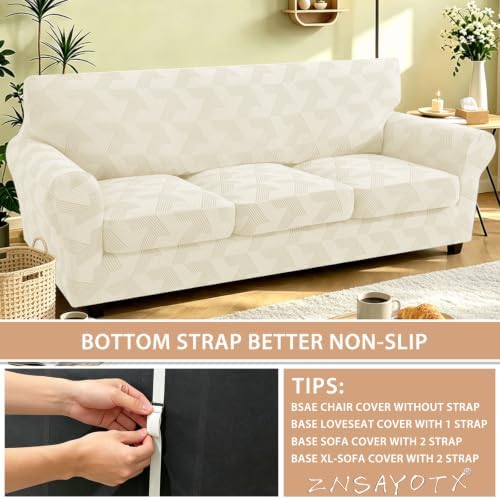 ZNSAYOTX 4 Piece Stretch X-Large Couch Covers (92"-112") New-Rectangle Texture, Thick Sofa Covers for 3 Cushion Oversized Couch Universal Sofa Slip Cover with Elastic Bottom & Buckle, Beige