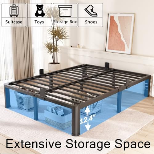 14 Inch Full Bed Frame with Rounded Corner and Headboard Hole Mattress Retainers 3500 LBS Metal Heavy Duty Steel Slats Support No Box Spring Needed Platform Noise Free Easy Assembly