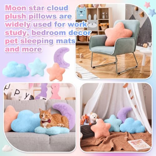 4 Pcs Plush Cloud Star Moon Throw Pillow Set, Purple, Blue, Mint, Orange