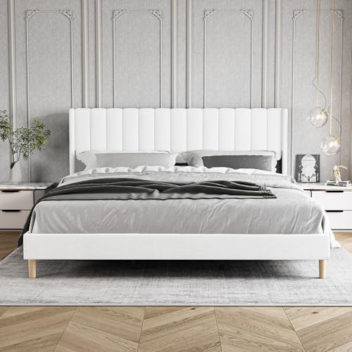 King Size Bed Frame with Linen Upholstered Headboard, White