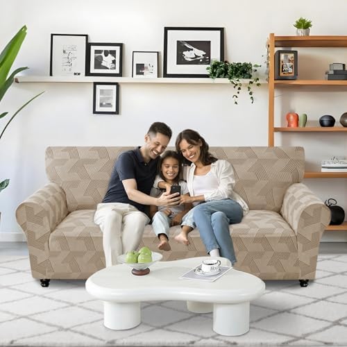 JIVINER 1 Piece Couch Cover for 3 Cushion Couch, Stretch Extra Large Sofa Covers with Elastic Bottom, Washable Oversized Sofa Slipcovers Feature Geometrical Jacquard Fabric (XL Sofa, Khaki)